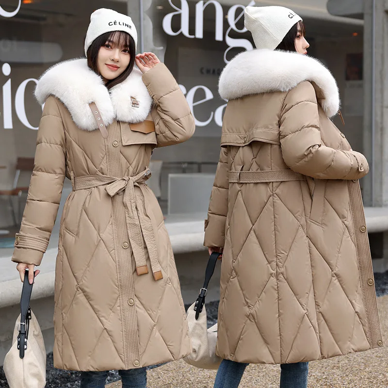 Fashion Warm Thickening Parkas Elegant White Collar Solid Slim Tie Up Waist Mid Length Coast Casual Autumn Winter 2023 Parkas