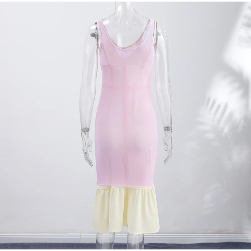 Sheer Mesh Overlay Spaghetti Strap Midi Dress Set Waist Cinched Sleeveless 2026 Summer Women Accessories Classy Lady Outfit