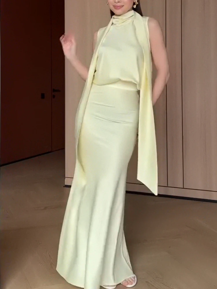 

Spring Elegant Half Neck Collar Satin Long Dress Women's Sexy Sleeveless Solid Summer Dress Fashion Hight Waist Pleat Maxi Dress