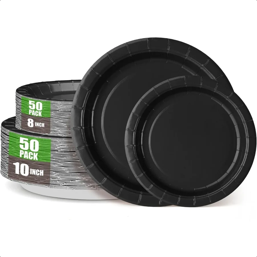 

Black Paper Party Plates plies 100pcs 50 x 10 Dinner Plates and 50 x 8 Dert PlateSuitable for Birthday Family Gathering Retirem