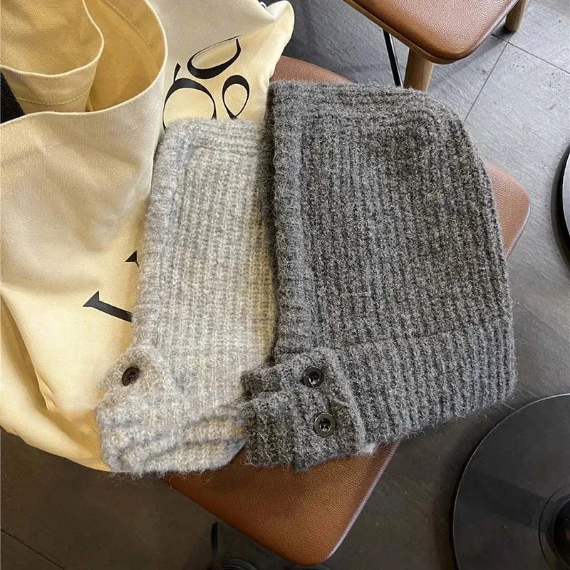 

Женская вязаная шапка-балаклава, зимняя теплая шерстяная шапка с защитой ушей, шарф, корейская однотонная цельная шапка для лыжного велоспорта, головной убор