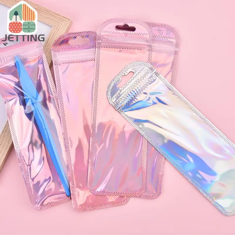 50Packs 4 Styles Resealable Holographic Bags Cute Eyelash Packaging Bags For Lip Gloss Lash Foil Small Ziplock Bags