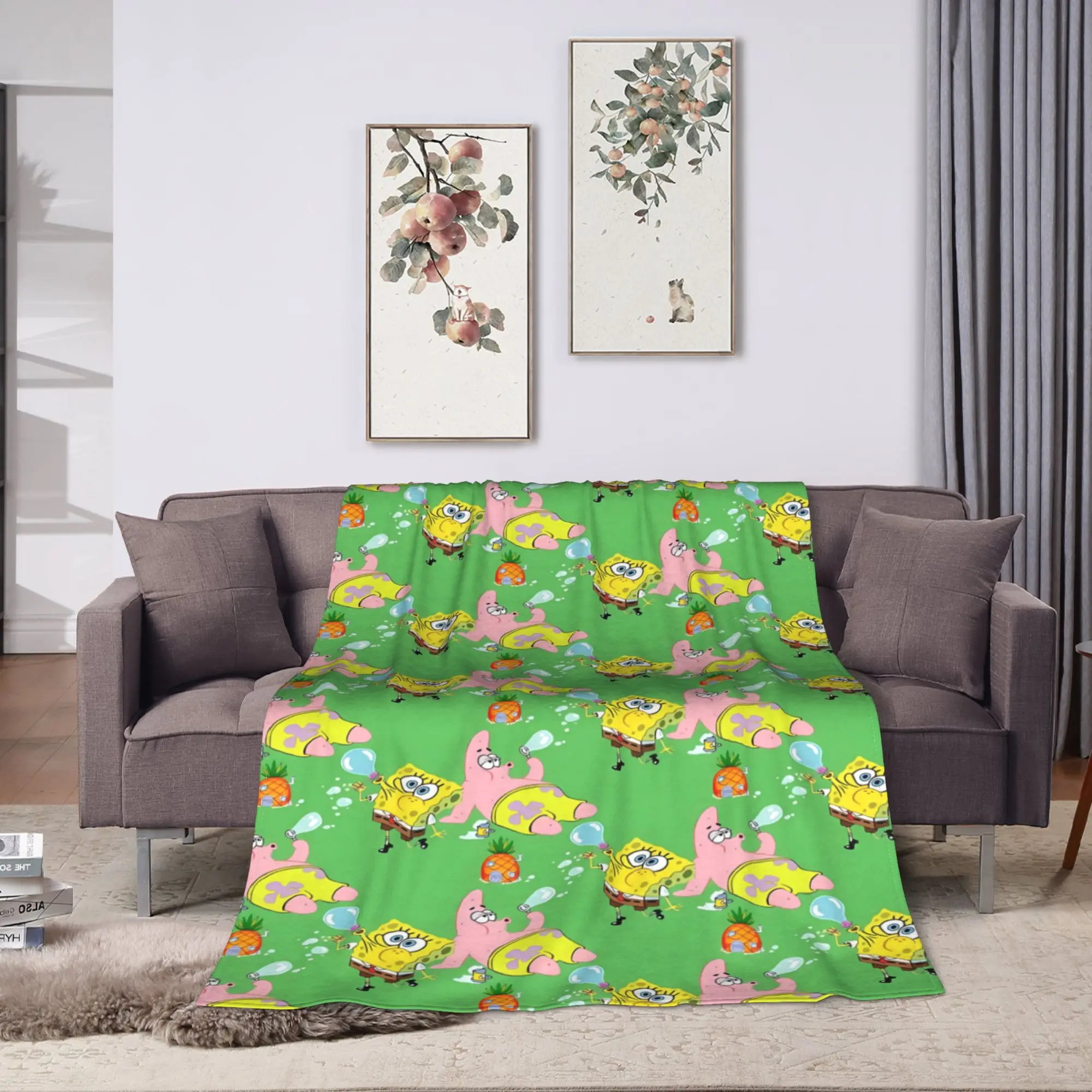 SpongeBobs Green Pineapple Tile Flannel Blankets Autumn  Warm Throw Blanket for Girls Boys Couch Bed Bedspread Sofa Bed Cover