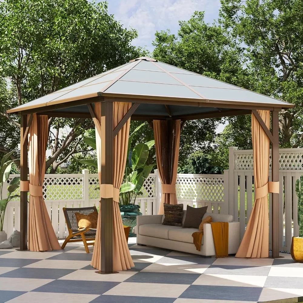 

10' x 10' Gazebo Single Polycarbonate Roof, Outdoor Aluminum Frame Everlasting Pergolas with Netting and Curtains