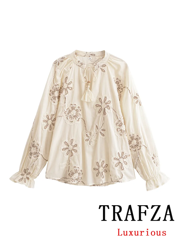 

TRAFZA Vintage Casual Chic Women Blouse Floral Embroidered Flare Sleeve Shirts New Fashion 2025 Spring Summer Holiday Blouses