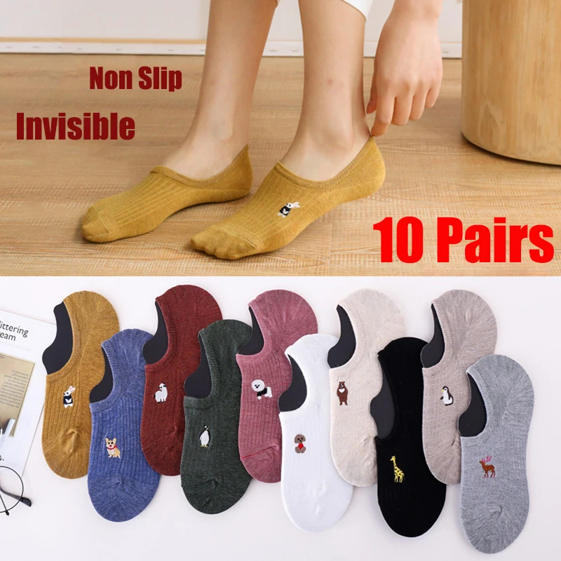 

10 Pairs Women Cartoon Sock Slippers Cute Animal Rabbit Bear Dog Cat Summer Breathable Cotton Invisible No Show Non Slip Socks