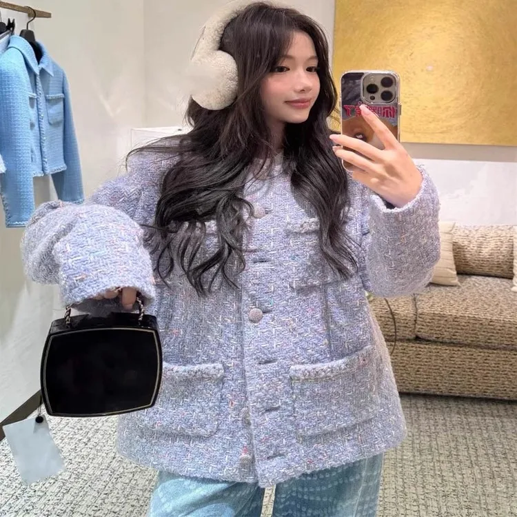 

Autumn and winter new mother color buckle versatile round neck four pocket woven tweed jacket