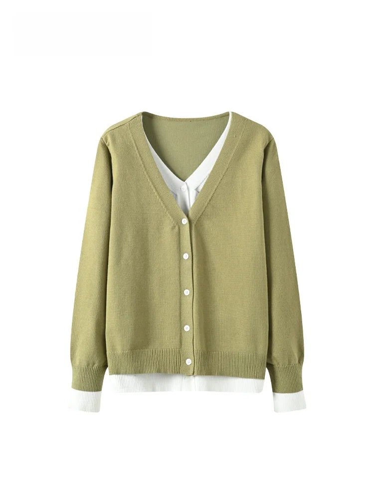 

plus Size Women's V-Ne Long Sve Knitwear Loose Fit Conceal Meat Fake Two-Piece Top Spring Season Versatile Casual Wear