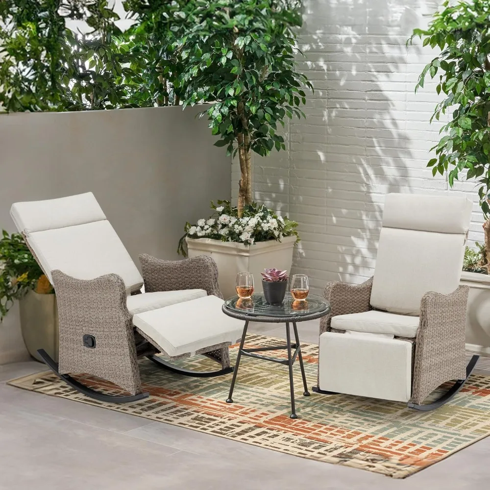 

Outdoor Recliners for Patio Set of 2, Wicker Rocking Chairs with Extended Footrest, Porch Balcony Lounges with Removable Cushio