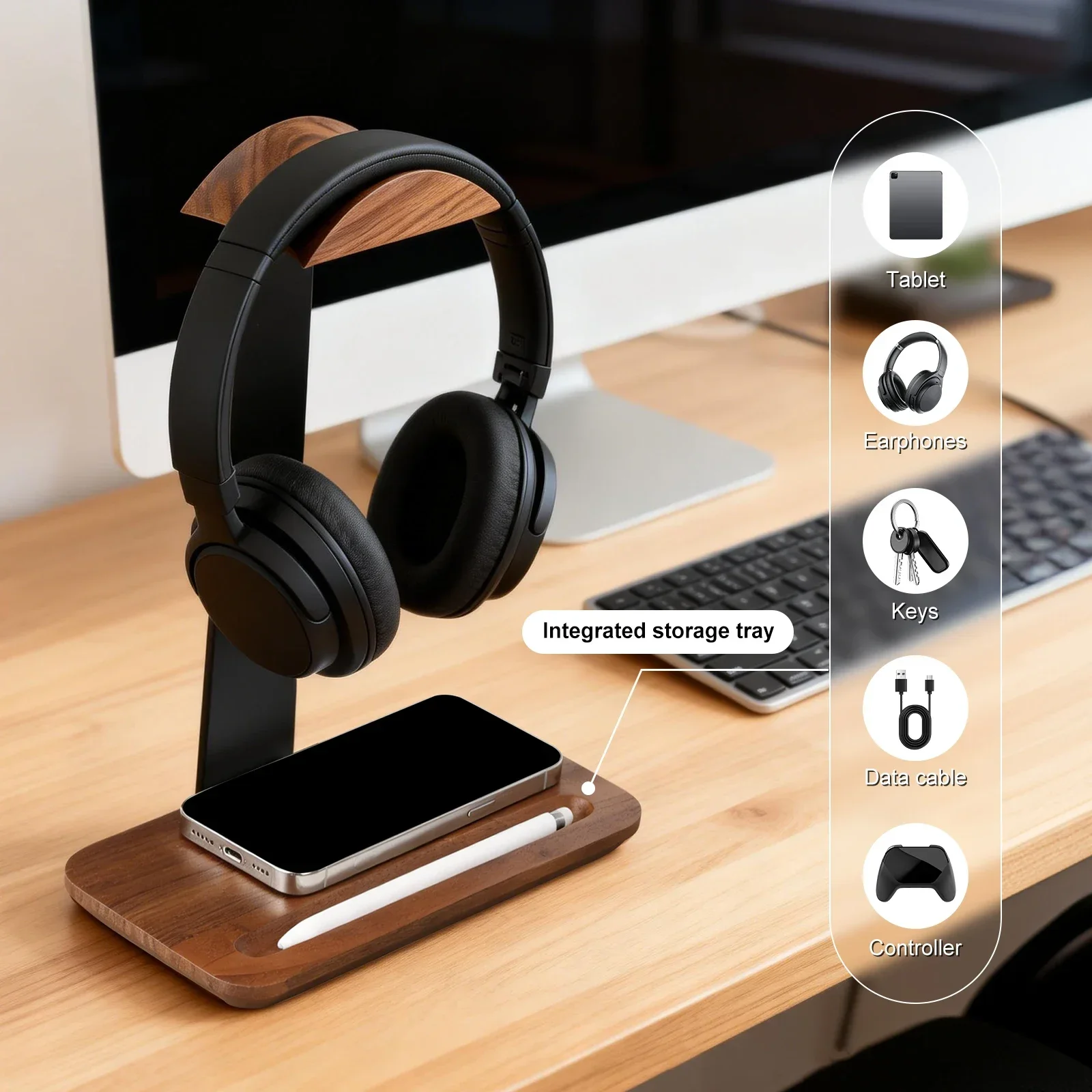 Universal Wood Headphone Stand with Storage Base Non Slip Table Headset Holder Decorative Desktop Vertical Headset Storage Rack - view 2