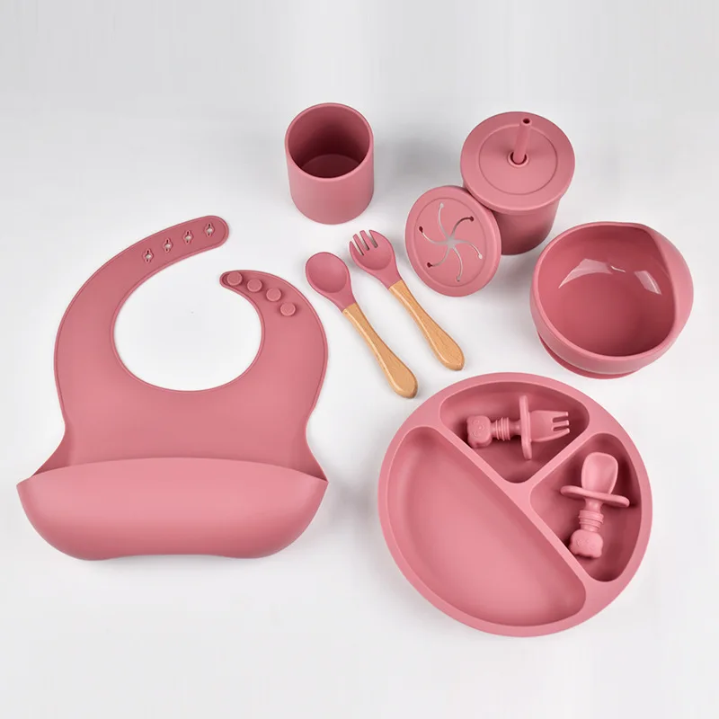 9PCS/Set BPA Free Silicone Baby Feeding Set Sucker Bowl Divided Dinning Plate Straw Cup Spoon Fork Adjustable Bib Child Dishes
