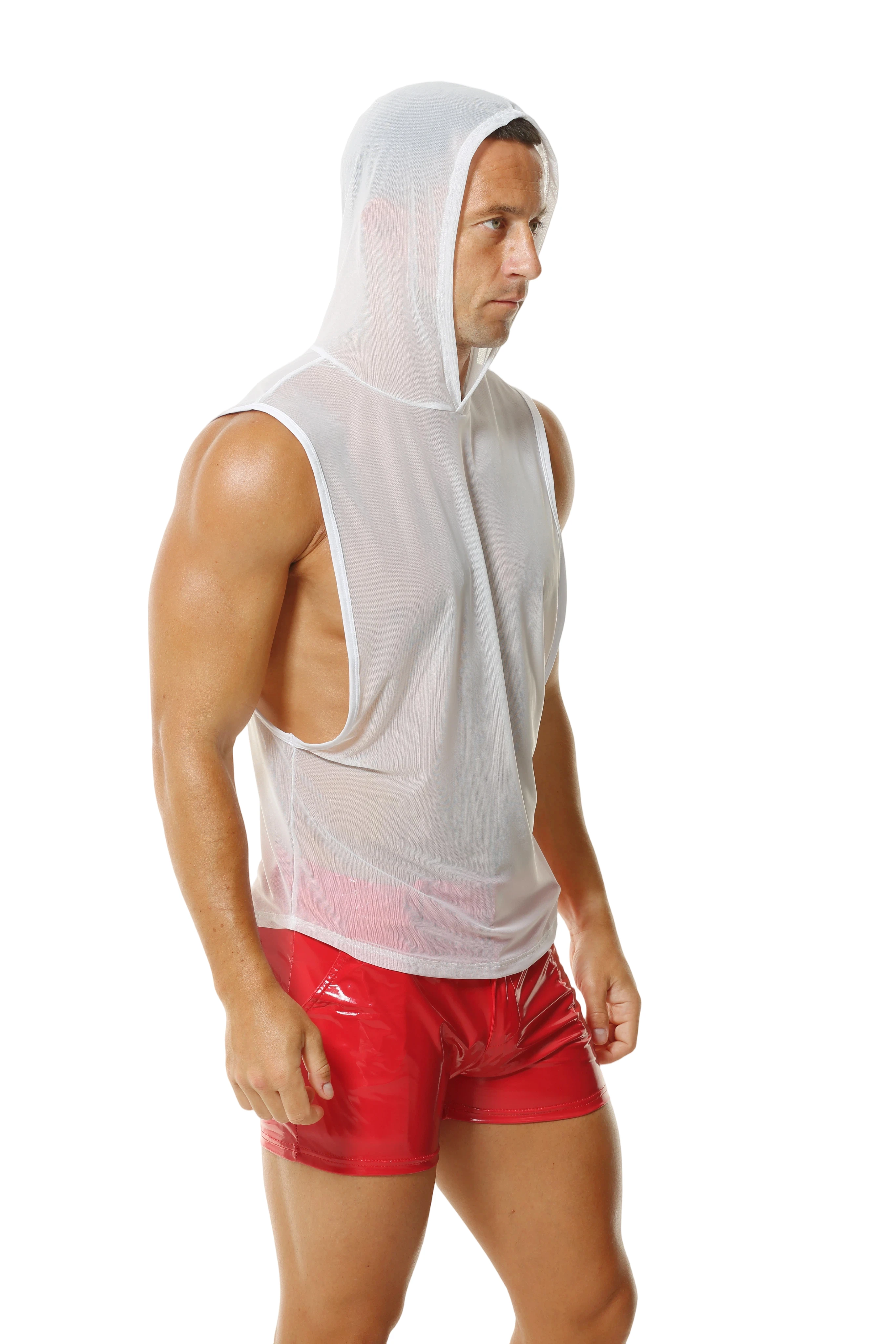 

Comfortable Men T-shirt Set Loose Perspective Sleeveless Tops Tank Top+Shining PU Leather Boxing Shorts Mesh Tops Elastic Shorts