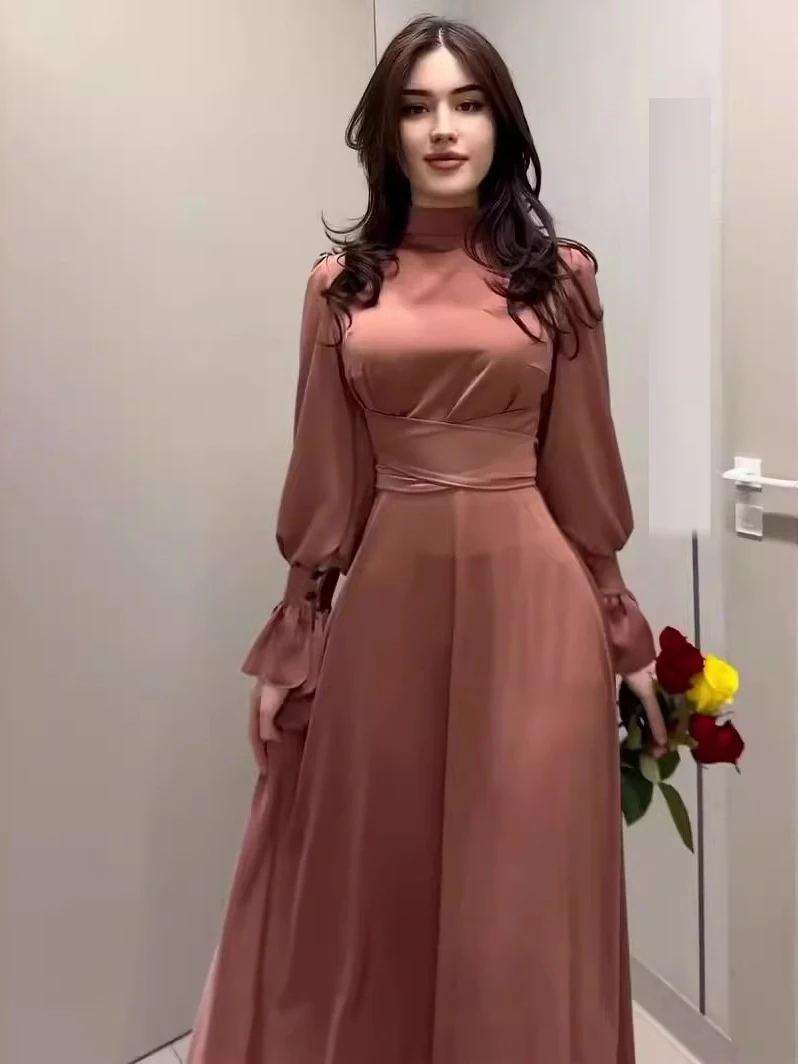 فستان نسائي أنيق من الساتان بأكمام طويلة وخصر مربوط بفيونكة أنيقة وخصر عالي للتنقل ملابس الخريف والمناسبات الأخرى