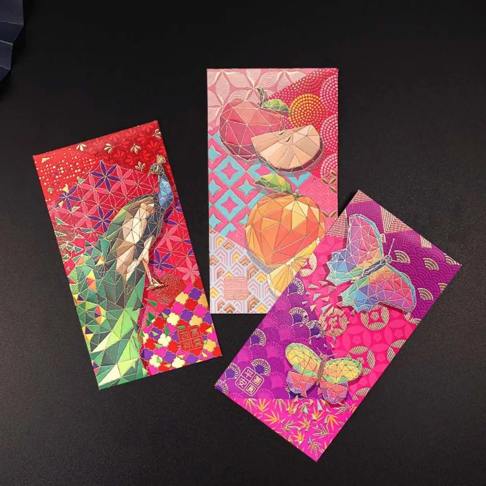 6Pcs/set New Year Decorations Red Envelope Chinese Dragon Year Greeting Card Luck Money Bag Flower Printed Bronzing Money Pocket