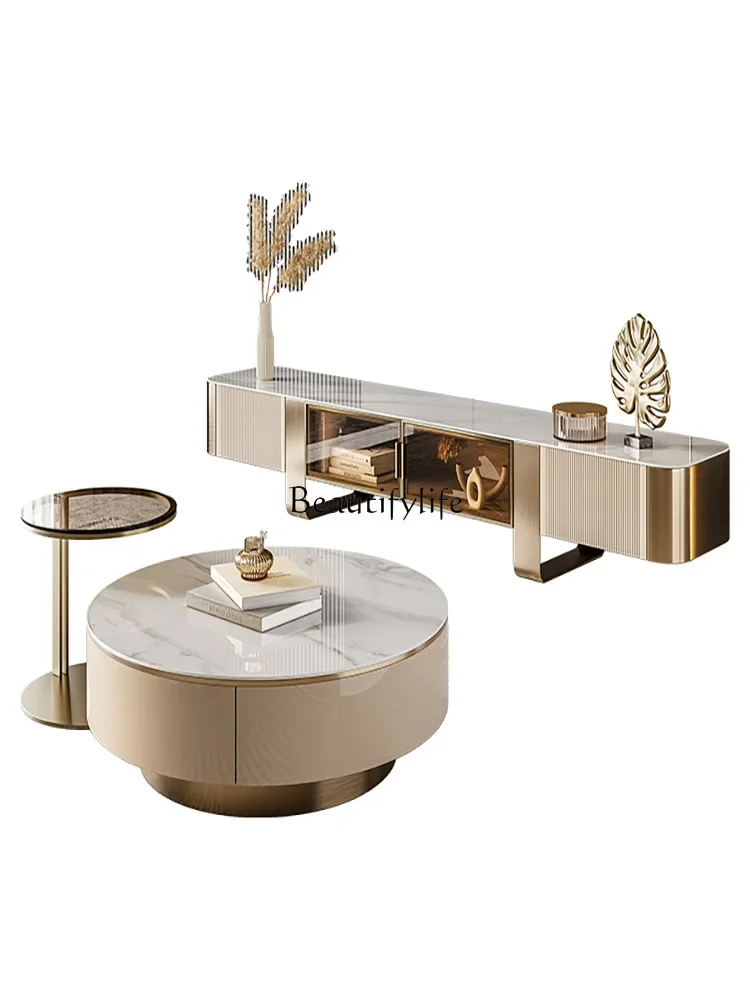 

Rock slab coffee table TV cabinet modern light luxury household small apartment high-end circular combination