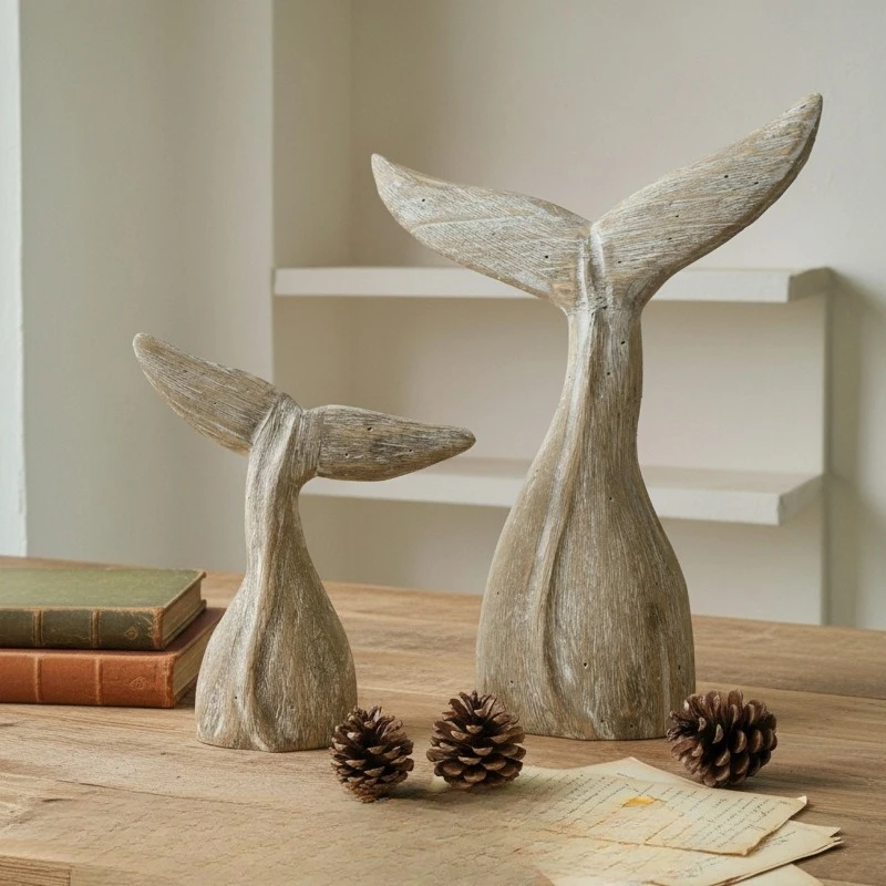 Ocean Themed Creative Vintage Hand Carved Wood Whale Tail Figurine Wooden Craft Decoration for Homestay Showroom and Living Room