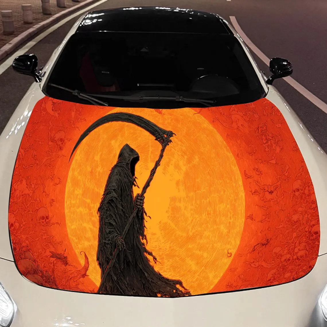 

Weird Round Moon Death Reaper Car Engine Hood Sticker, Auto Vinyl Wraps, Waterproof Self-adhesive Vehicle Decal, Durable & Anti-