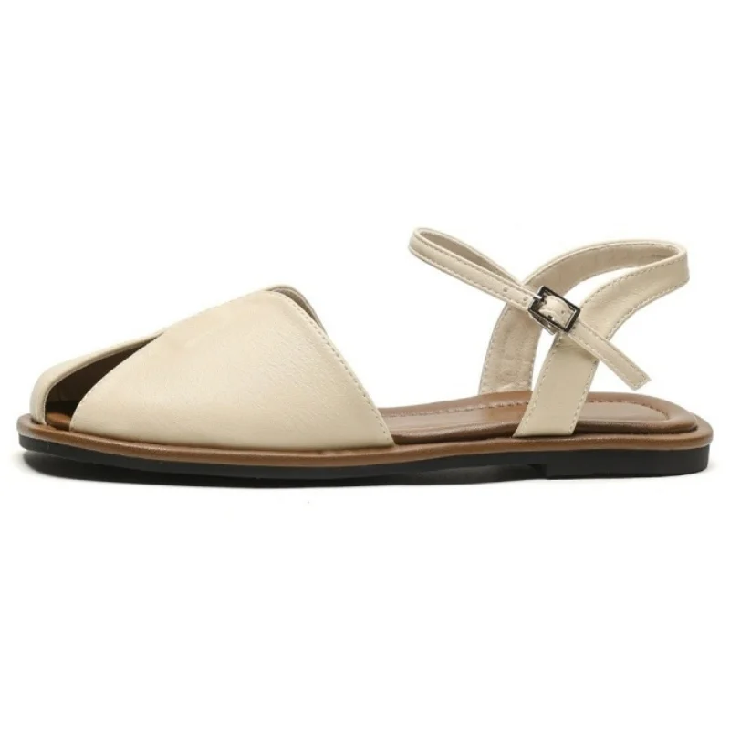 

Женские сандалии с открытым носком, неглубокие дышащие женские туфли на плоской подошве с квадратным носком и пряжкой на ремешке, летняя однотонная пикантная женская обувь