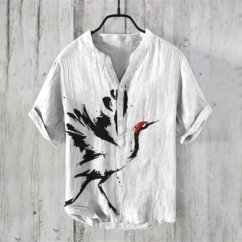 

Men's Summer New Style Trendy Chinese Elements White Crane Pattern Printed Retro Linen Fabric Men's Short Sleeve Shirt