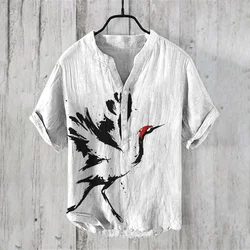 Men's Summer New Style Trendy Chinese Elements White Crane Pattern Printed Retro Linen Fabric Men's Short Sleeve Shirt