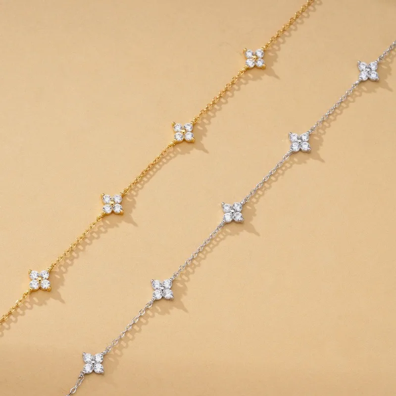 925 الفضة مطلي زركون أربع أوراق البرسيم سوار للنساء قابل للتعديل سلسلة مجوهرات 18 كيلو مطلية بالذهب الإكسسوارات #6