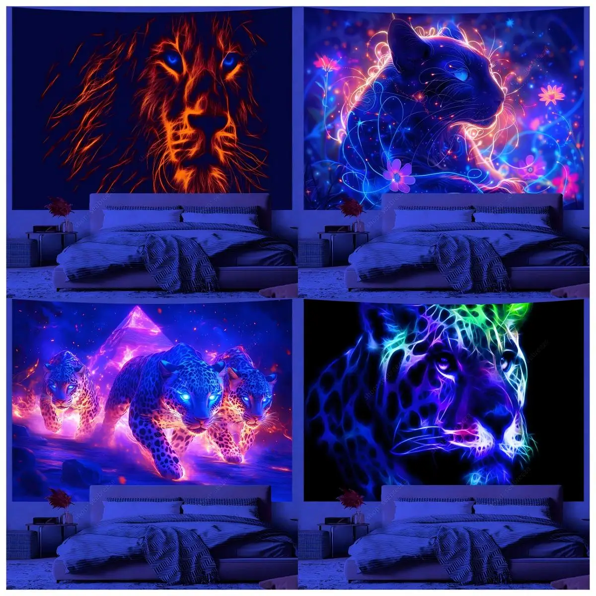VIKAMA Cyber Neon Wandteppich, dynamisches Licht, Löwe, Leopard, Phantom, dunkle Nacht, Gaming-Raum, Hüfte, coole Bar, Cyber-Wind, Schlafzimmer-Dekoration