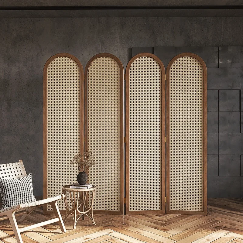 Rattan Screen Partition Folding Solid Wood Mobile Room Divider for Living Room Office Bedroom - Privacy Shelter to Create Two Sp