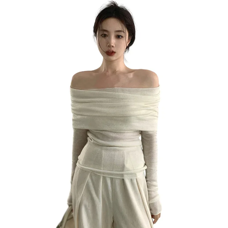 Women's Sexy Tees Off Shoulder Knitwear Top Solid Color Gentle Long Sleeves Large Lapel T-shirts