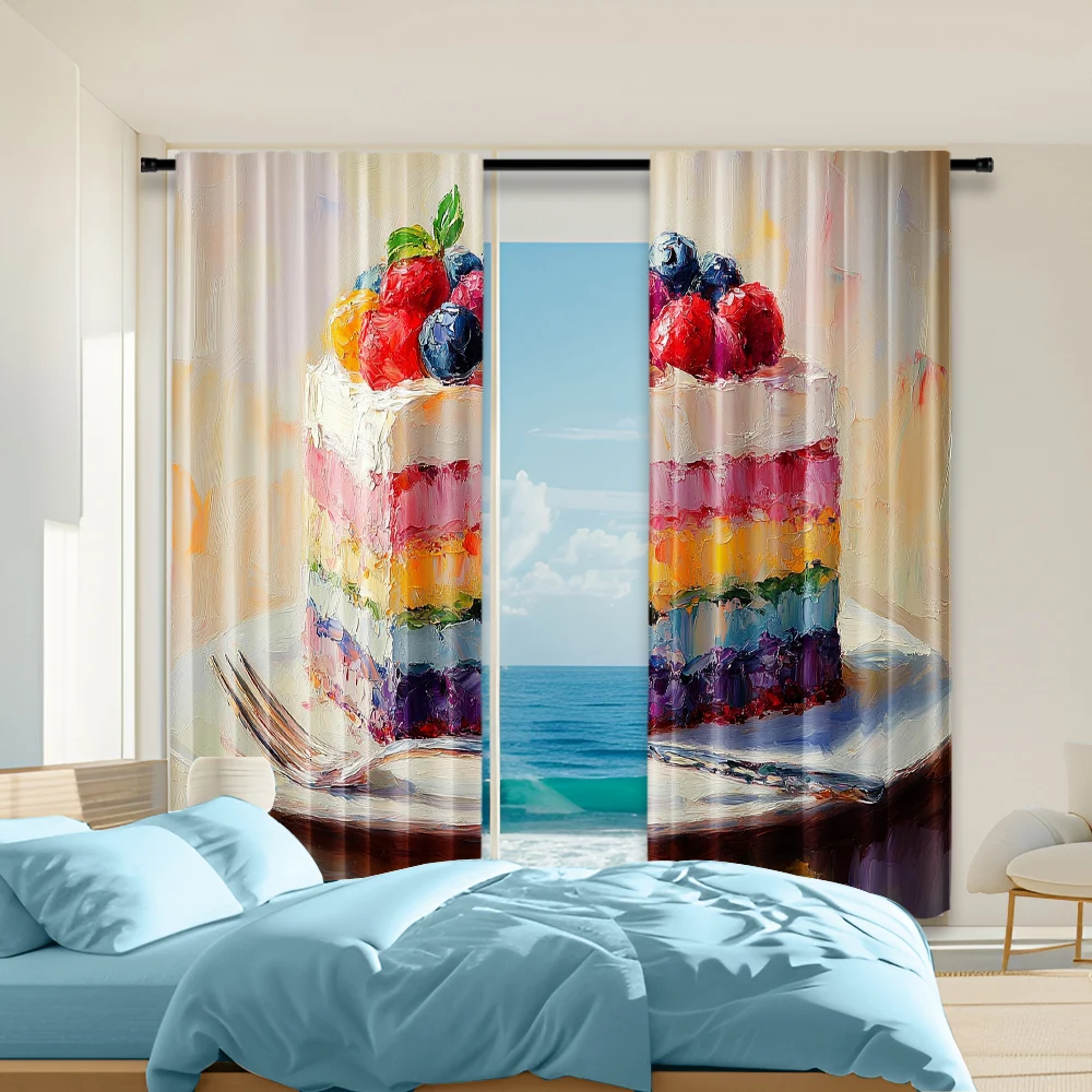 

2 pcs, versatile polyester transparent curtains for home decoration Retro cake for use in bedrooms and living rooms