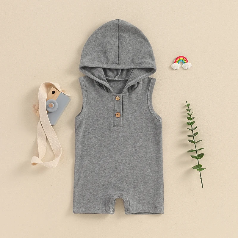 

2024-03-07 Lioraitiin 0-24M Newborn Baby Boy Hooded Romper Summer Sleeveless Button Front Solid Color Jumpsuit Playsuit