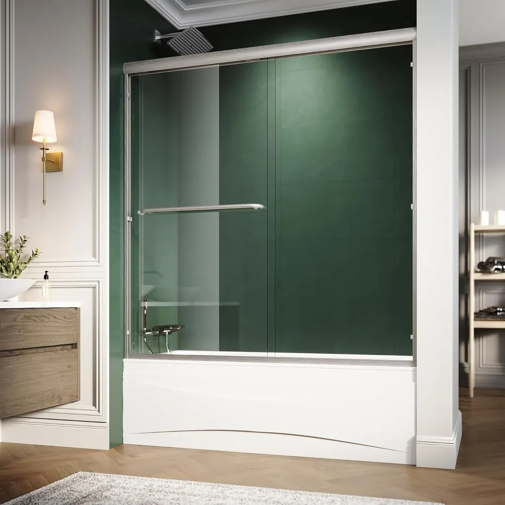 H Bypass sliding tub glass door, semi-frameless shower door, 1/4 inch. Transparent tempered glass with brushed nickel finish