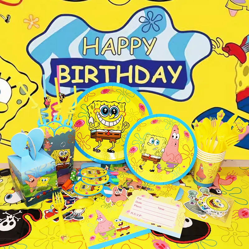 SpongeBob Birthday Party Decoration SquarePants Foil Balloon Kids Event Supplies Disposable Tableware Banner Backdrop Cup Plate