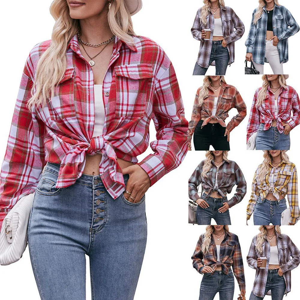 YJKDYK 2024 Spring Autumn Women Plaid Shirt Leisure Oversize Long Sleeve Tops Female 2 Pocket Lapel Blouses Women\'s Clothing