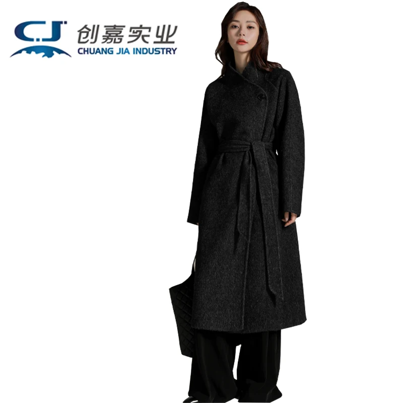 Autumn and Winter Double-sided Cashmere Women's Coat Black Wool Lace-up Coat Temperament Elegant Outdoor Business Casual Wear