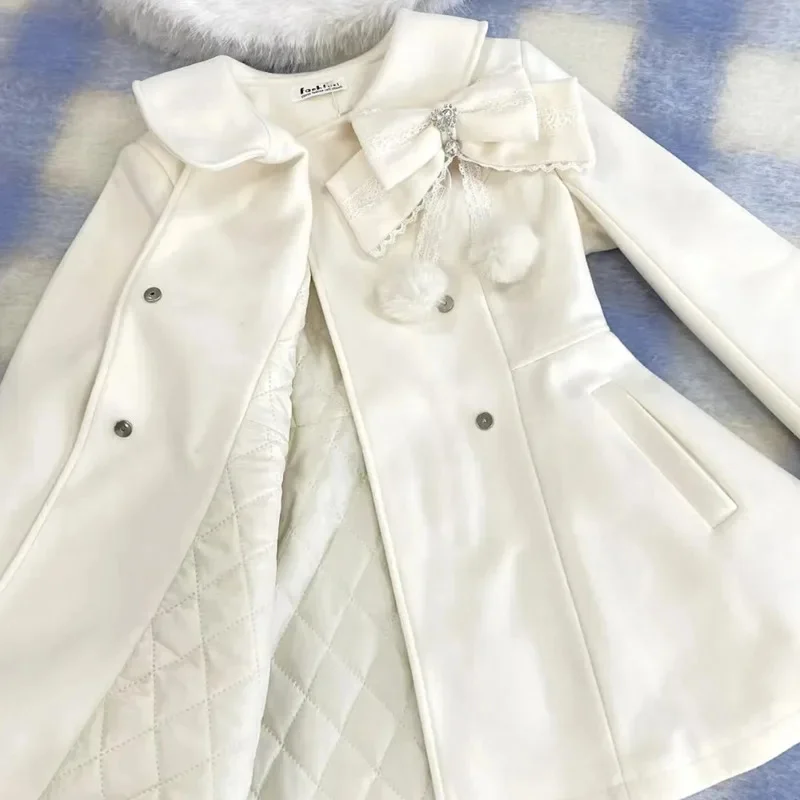 

Korean Bow Lace Coat Jacket French Women Elegant Detachable Fur Collar Wool Overcoat Warm Winter Sweet Thick Woolen Outerwear