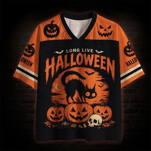 American Mesh Jersey V-neck Short Sleeved Black Orange Retro Black Cat Pumpkin Halloween Print Cool Oversized T-shirt