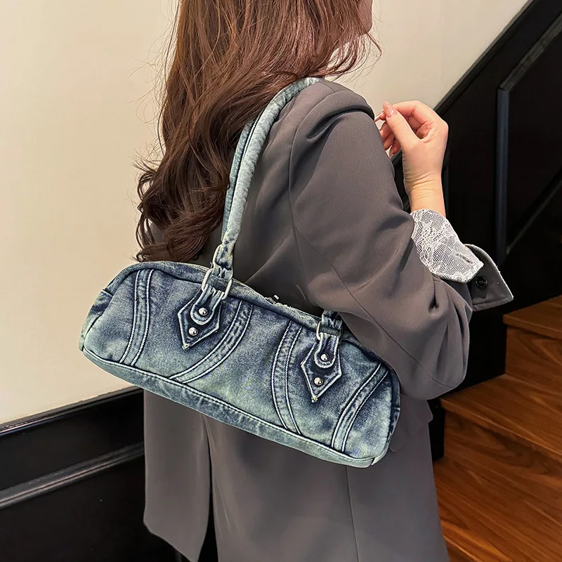 

Luxury designer jeans women shoulder bags Large capacity Denim ladies handbags female Armpit bag blue bolsos