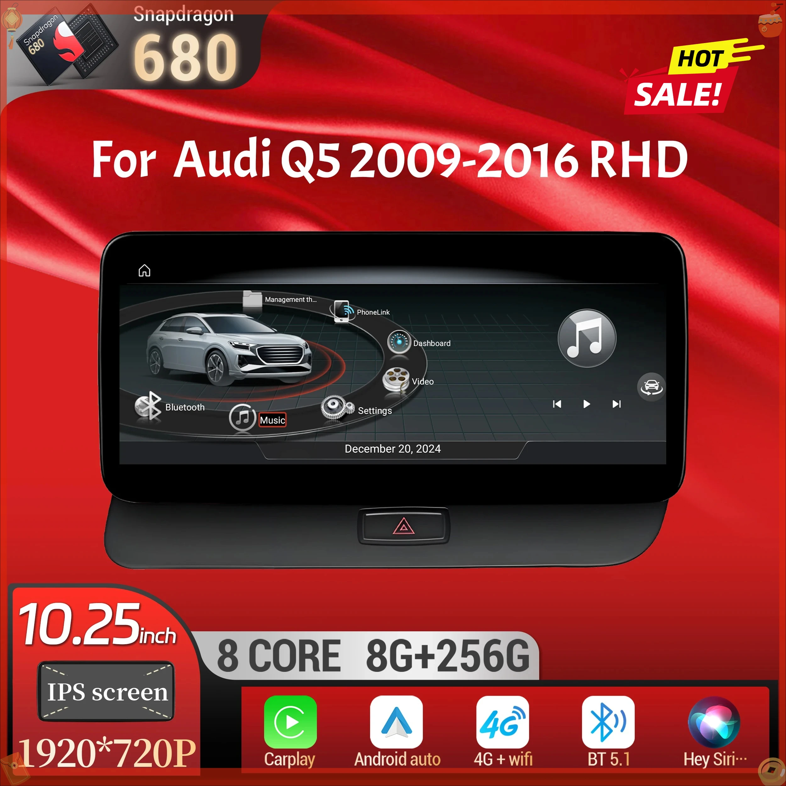 10.25 inch For Audi Q5 2009-2016 Right Hand Drive Android 14 Car Radio Wireless Bluetooth Carplay Qualcomm Snapdragon 680 Screen