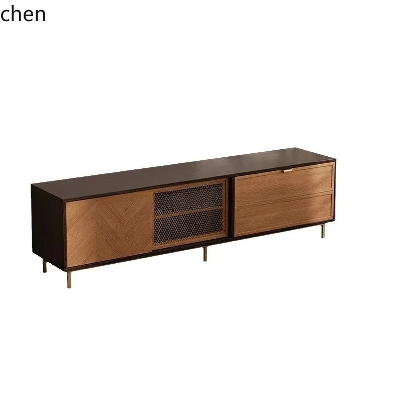 Vintage Style Copper Mesh TV Coffee Table Simple TV Cabinet Home Living Room Retro TV Cabinet Floor-standing Solid Wood