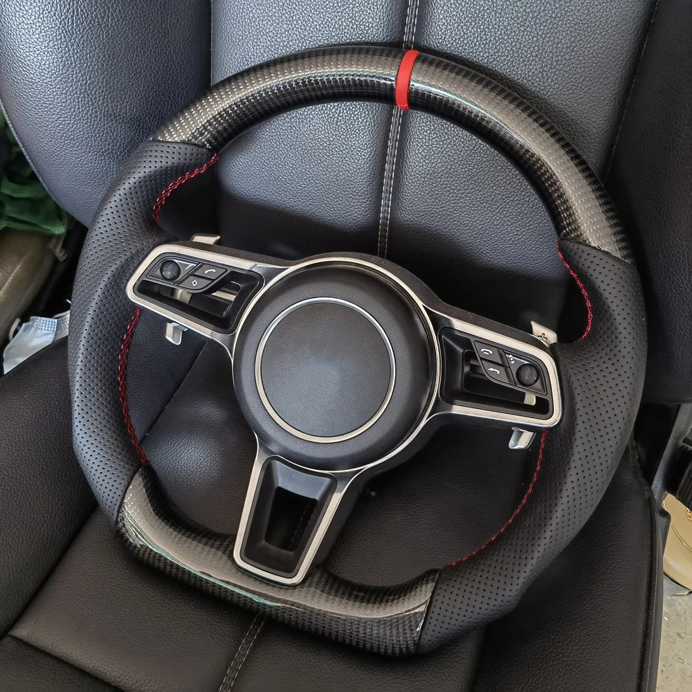 Carbon Fiber Leather Steering Wheel WITH BUTTON For Porsche All Model 911 GT3 Boxster 718 Cayman Cayenne Panamera Macan Taycan