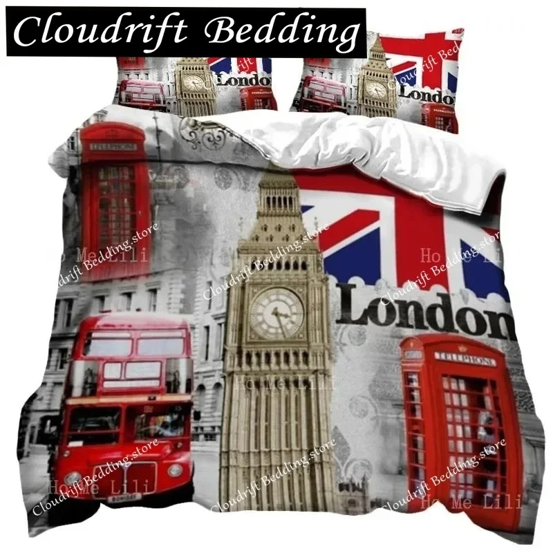 

UK London Style King Queen Duvet Cover British Elements Bedding Set for Teens Adults London Bridge Big Ben Polyester Quilt Cover