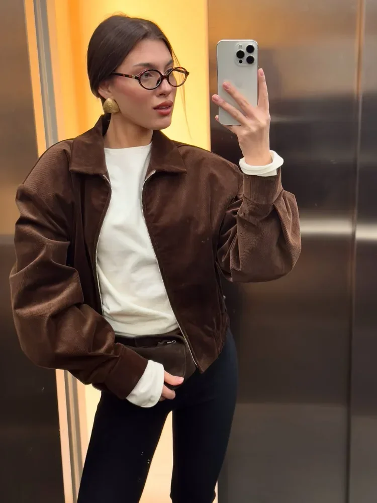 

Women's Fashion Suede Pockets Jacket Lapel Long Sleeve Solid Cropped Zipper Loose Coat Autumn 2025 Lady Street Commuter Outwears