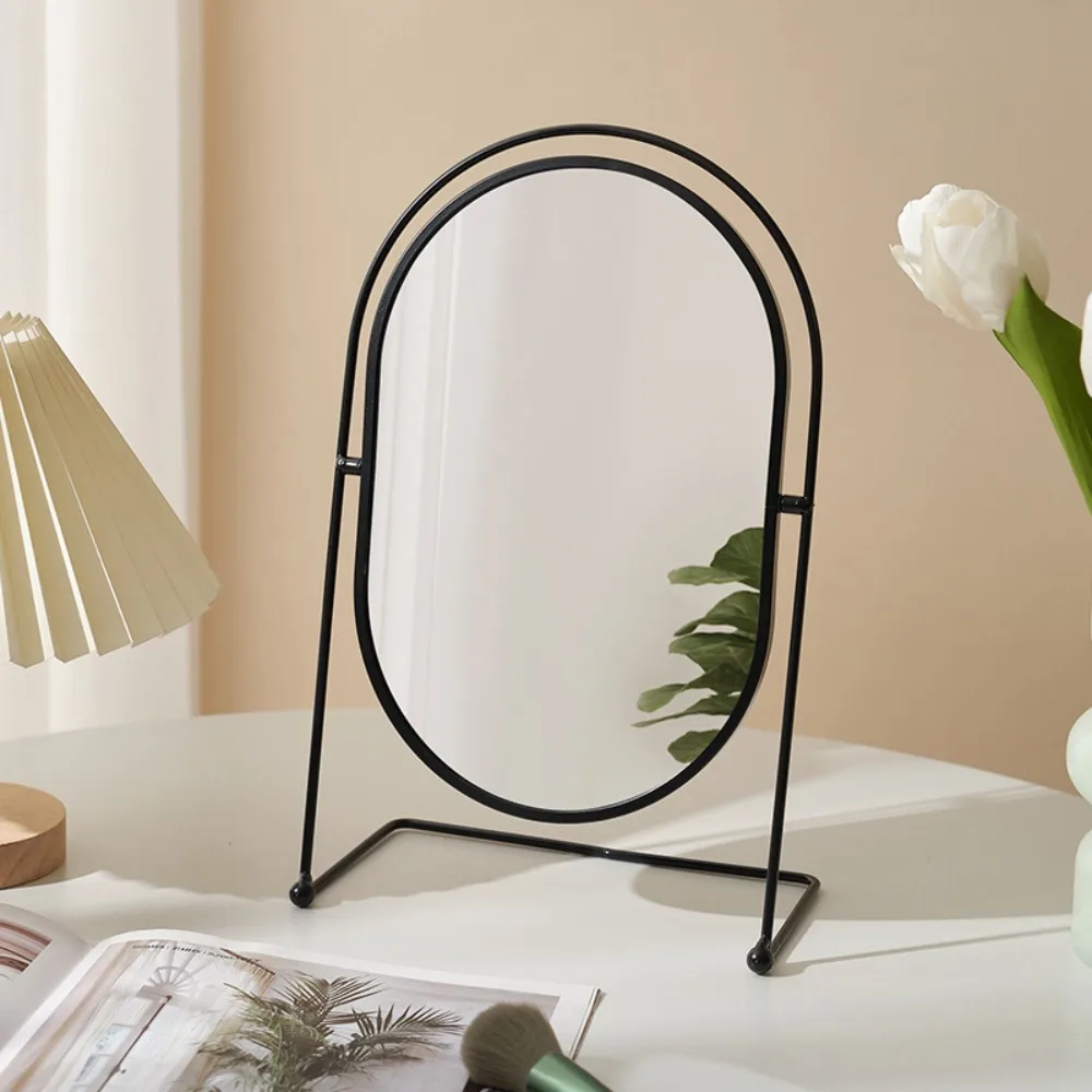 Iron Art Nordic Makeup Mirror Iron Frame Oval Desktop Stand Mirror Direct Color 360° Rotatable Vanity Mirror Student Dormitory