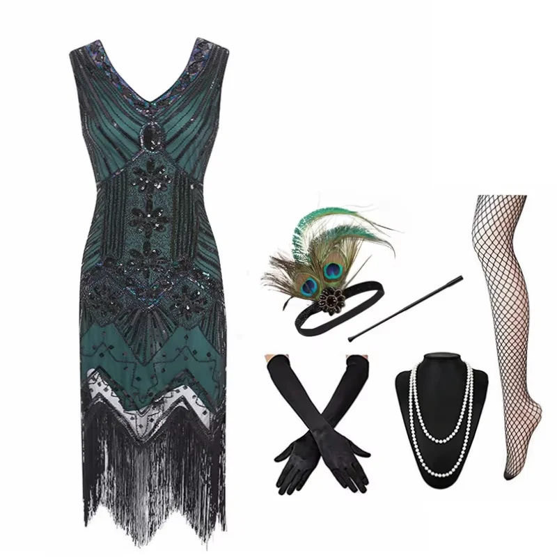 Novo 1920s gatsby charleston lantejoulas grânulo franja flapper bordado vestido robe com decote em v em camadas borla vestido de festa com acessórios