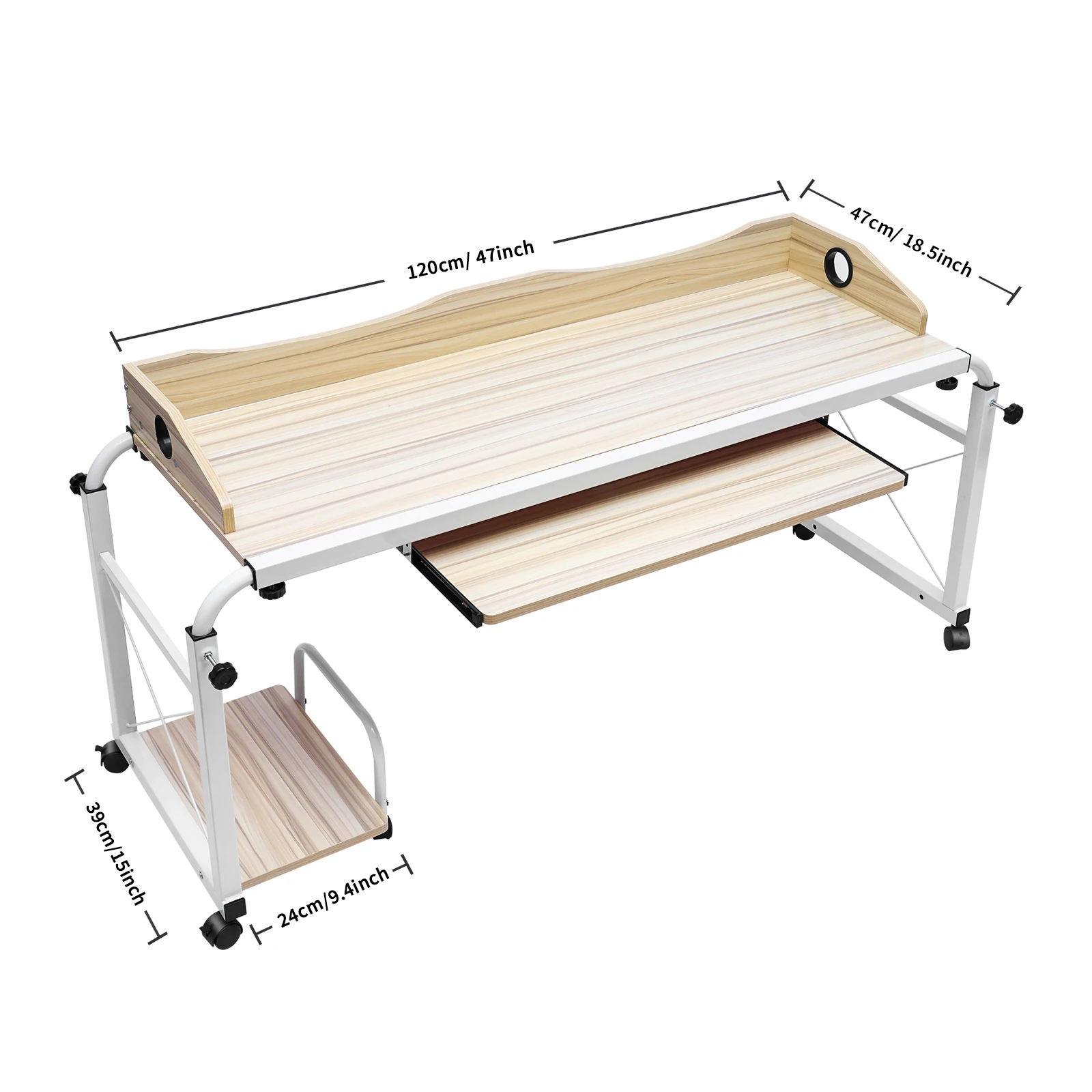 Portable Bed Table with Keyboard Tray & Universal Wheels, Freestanding Storage Rolling Overbed Desk Adjustable Height & Width