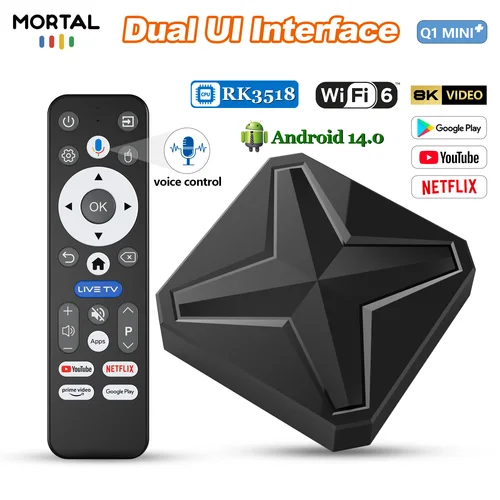Versión global Mortal Android 14.0 TV Box RK3518 4K Wifi 6 Smart Voice BT5.0 RK3518 Quad Core Home Theater Q1 Mini+ Interfaz de usuario dinámica