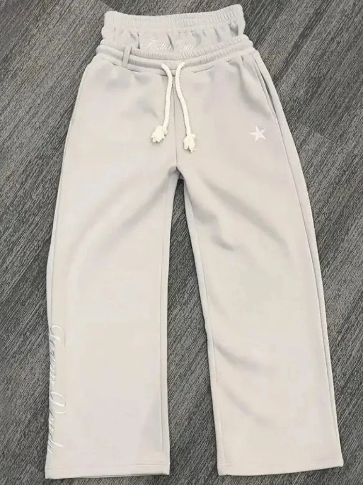 

HOUZHOU Letter Embroidery Double Waisted Sweatpants Harajuku Wide Leg American Style Jogging Pants Baggy Solid Color Casual