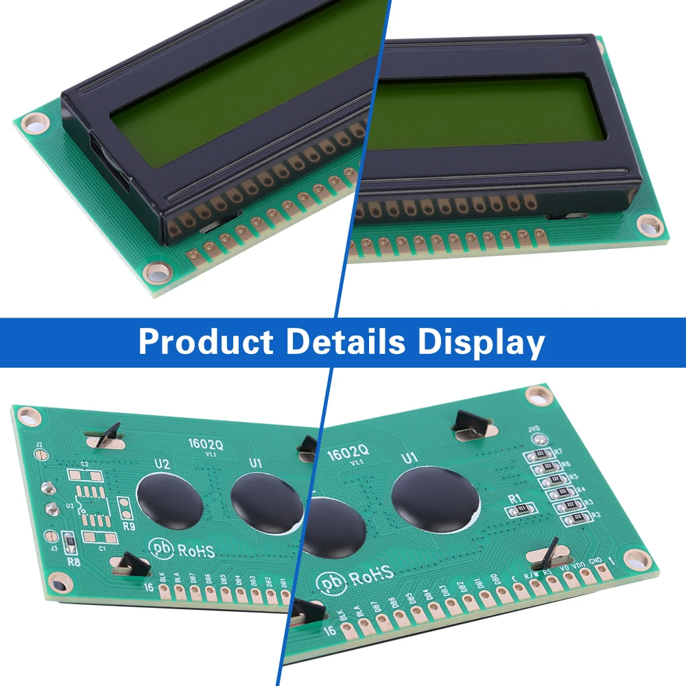 Gelbgrüner Film 1602q Alphabet englischer Schrift bildschirm 2 x16 lcd arduino mit LED-Hintergrund beleuchtung und integriertem st7066u Controller