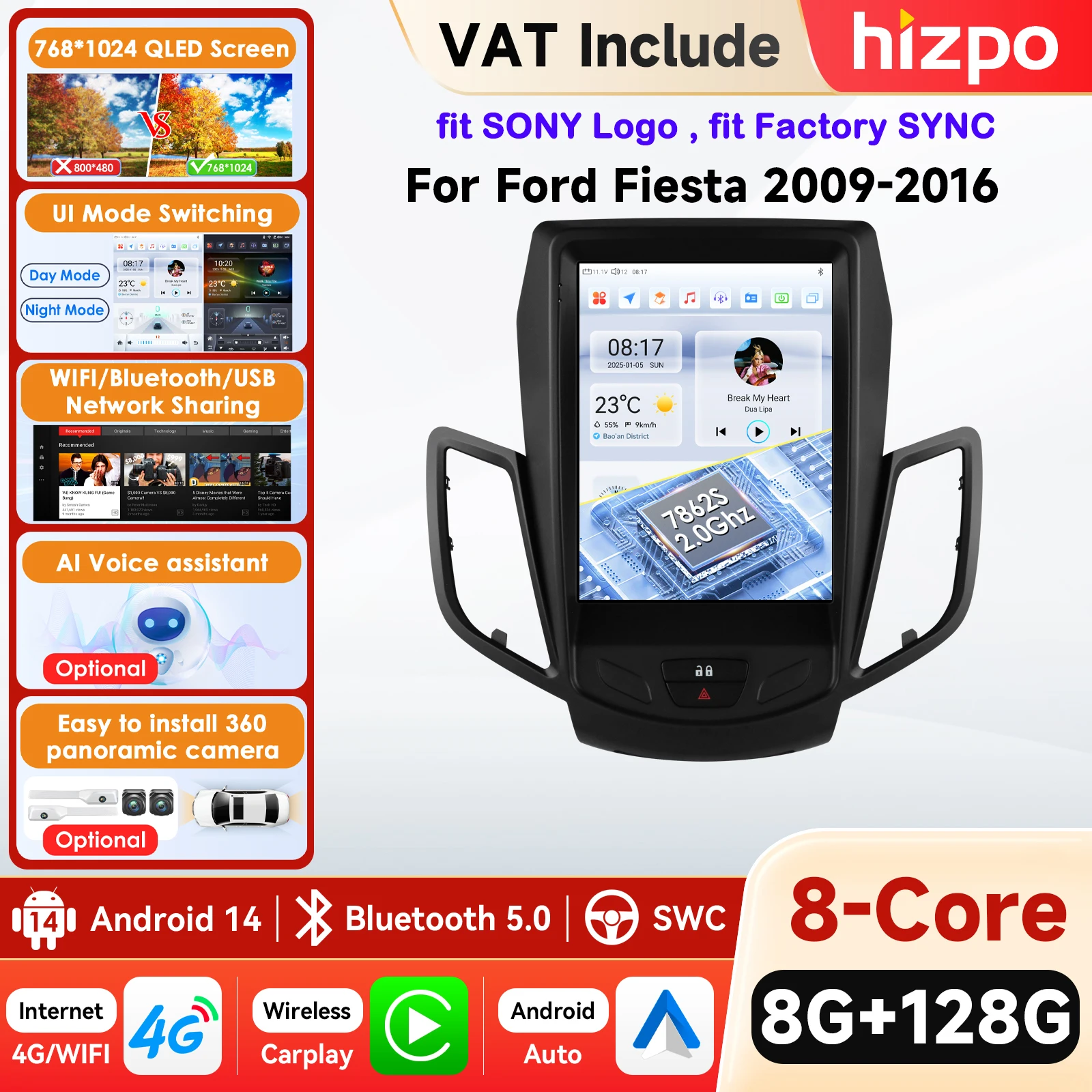 Radio para Auto Android 9.7 con Logotipo SONY, Compatible con SYNC de Fábrica para Ford Fiesta MK7 2009-2017, Reproductor Multimedia de Video, Estéreo, 4G, WIFI, GPS