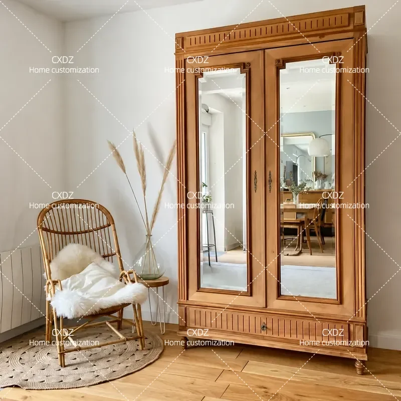 Country Solid Wood Wardrobe Simple Double Door Closet for Small Apartment Bedroom Storage Furniture